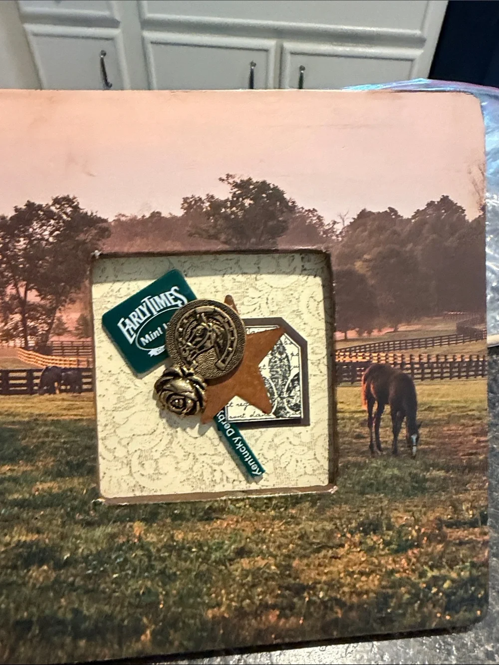 Rustic Kentucky Derby Horse Scene Framed Accent with Green and Brown Tones